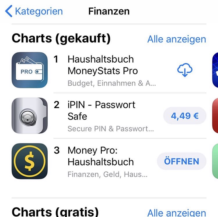 MoneyStats Promotions im Apple App Store - Charts TOP 1 in der Kategorie "Finanzen"